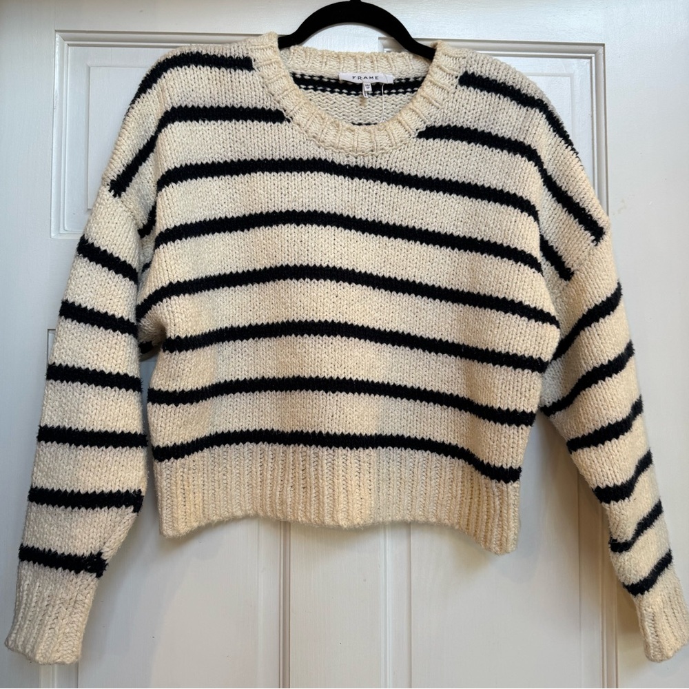 Frame Denim Navy and Cream Stripe Sweater